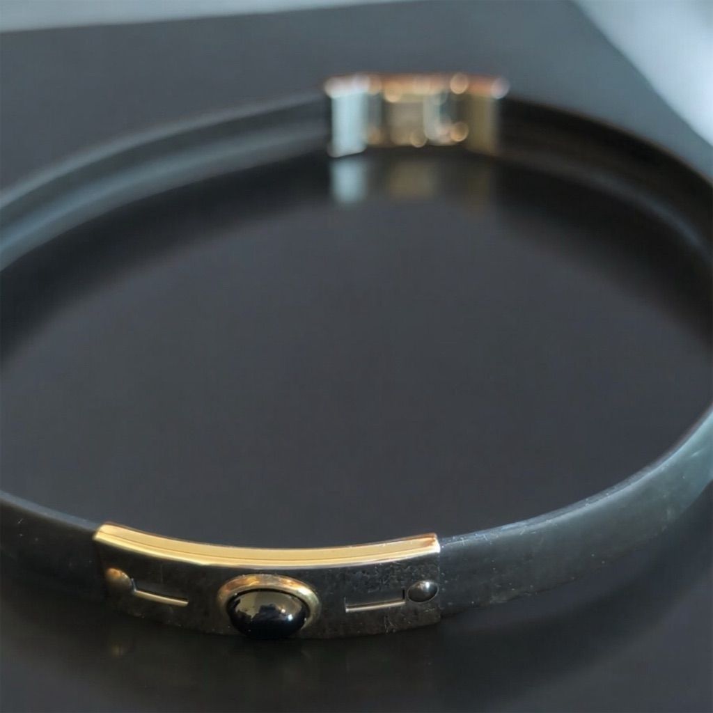Gold & Stainless Steel Silicone Choker Necklace With Black Gemstone 14”